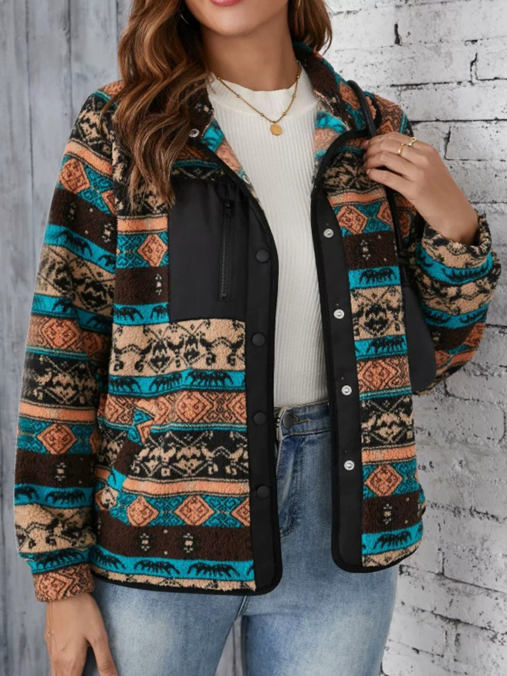ZARA Oversized Printed Double Fleece Zip Jacket Fall Winter